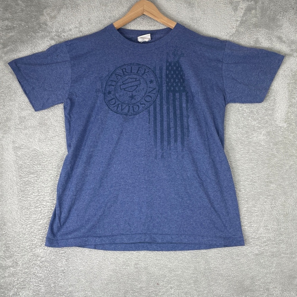 Harley Davidson Shirt Mens Large Blue Suburban Motors USA Flag Biker Moto Grunge